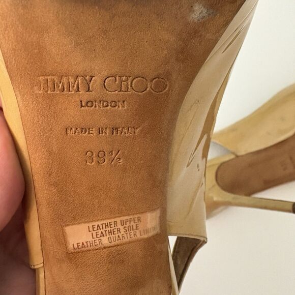 Jimmy Choo Heels Womens 39.5 Gold Glossy Leather Peep Toe‎ Stiletto Platform - Picture 8 of 11